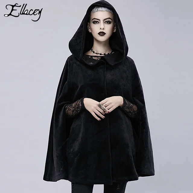 Black Gothic Winter Hooded Cloak Heavy Cape Coat Female Steampunk