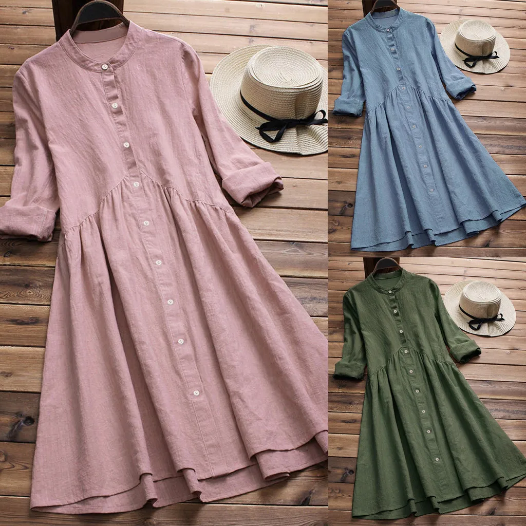 

Women Dress 2019 Women Vintage Solid Pleated Button Long Sleeve Casual Dress for Women