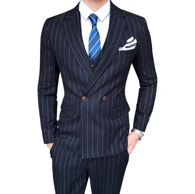 2019 Мужская Бизнес Повседневное двубортный полосатый костюм в британском стиле мужская мода Тонкий костюм-тройка Мужская платье
