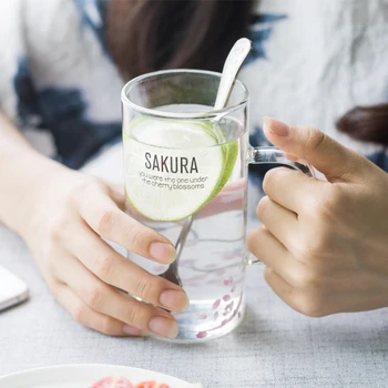 

301ML Japanese sakava coffee mug tea milk mark heat-resistant glass drinkware with cover and spoon Japanese cherry blossom Style