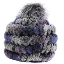 Зимние меховые шапки для женщин из кроличьего меха Рекс эластичная вязаная шапка с лисьим меховым шаром женская зимняя теплая Женская бейсбольная Кепка шапка из настоящего меха