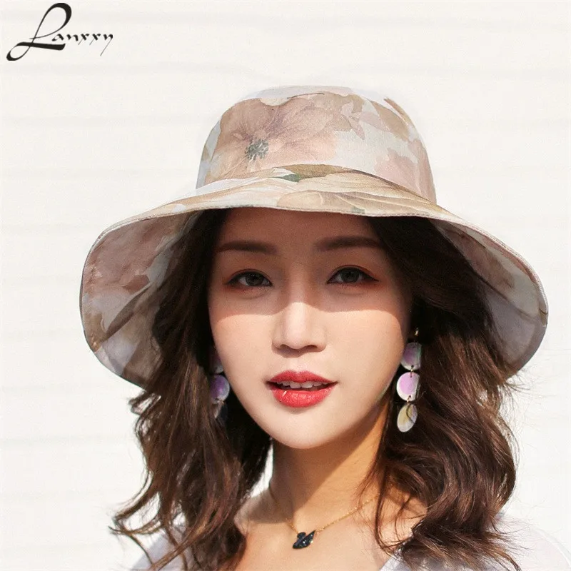 

Lanxxy 2018 New Fashion Flowers Print Summer Hats for Women Travelling Headwear Beach Visors Chapeau Panama Sun Hat