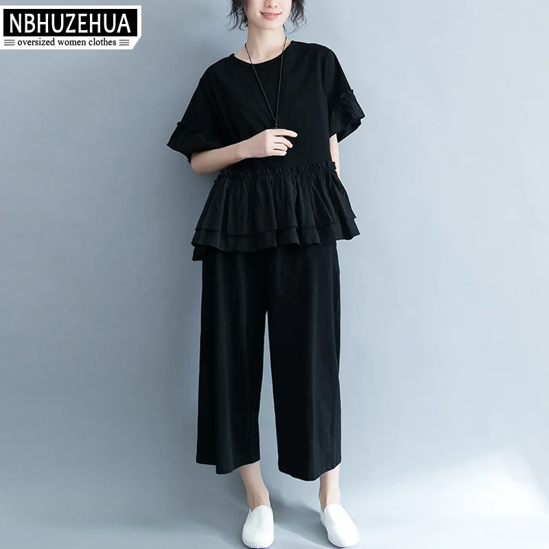 

NBHUZEHUA A234 Simple Black 2 Piece Set Women Plus Size Two Piece Set Summer Clothes 4XL 5XL Camisetas Mujer Pants Set
