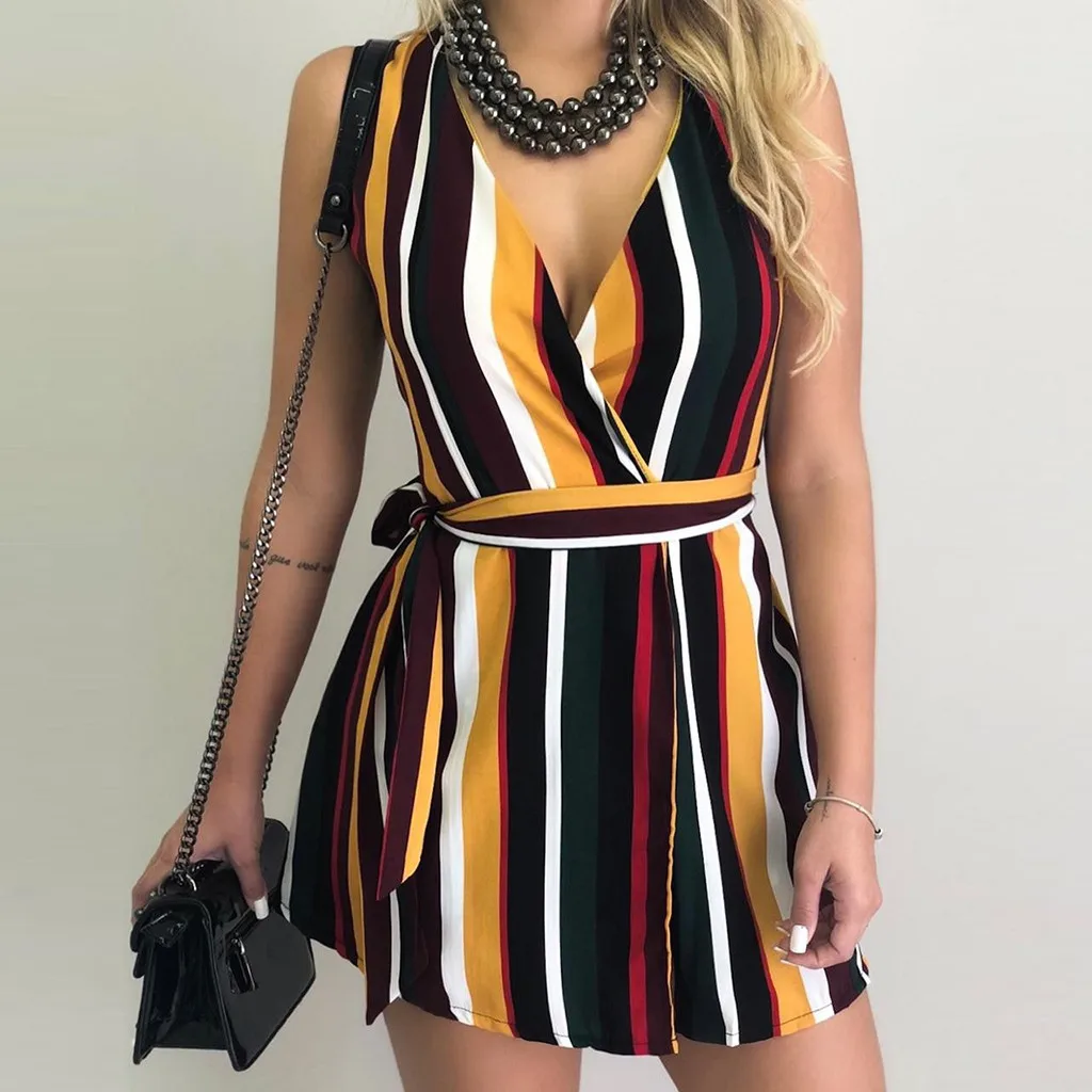 

Dress For Women Summer Sleeveless Striped Printed Elastic Casual Beach Party Mini Dress Sexy Off Shoulder Dress Vestidos#82