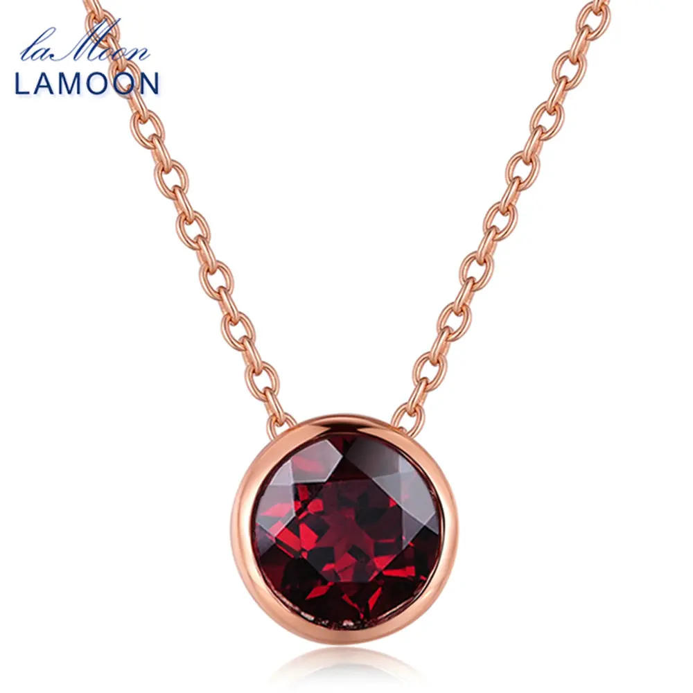 

LAMOON Long Pendant Necklace 925 Sterling Silver Jewelry 7mm 1.5ct Natural Gemstone Red Rubin Garnet Pendants Simple Necklaces