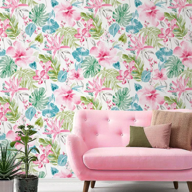 Colorful Large Pink Beige Flower Wallpaper Bedroom