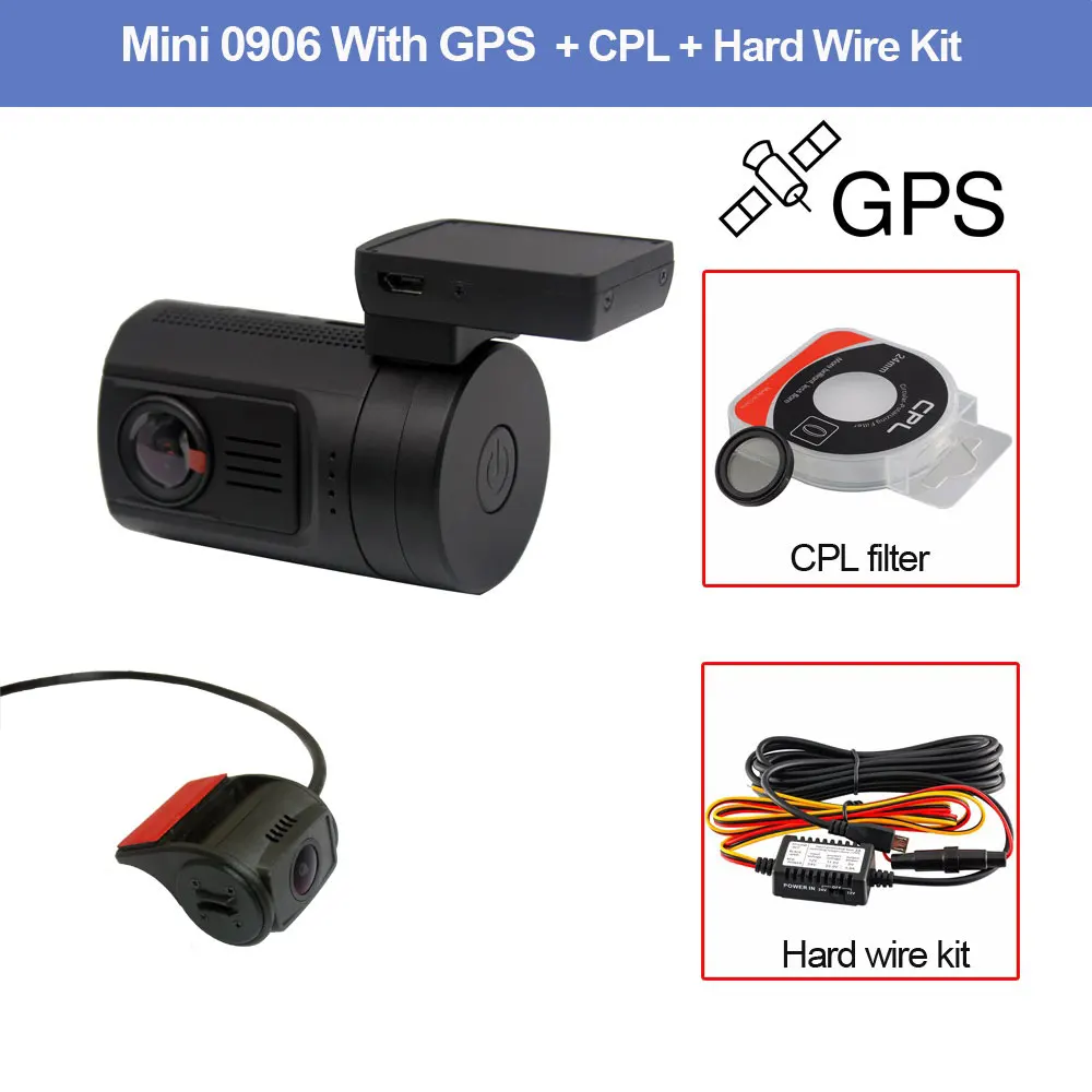 0906 Dual 1080P Lens Car DVR GPS Video Wide Angle Mini Hardwire Kit CPL Lens