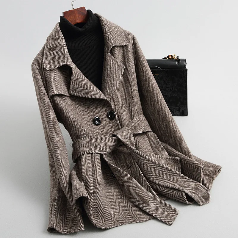 

Wool Coat Women Clothes 2019 Autumn Winter Coat Elegant Belt Herringbone Pattern Outwear Korean Woolen Jacket Casaco Feminino