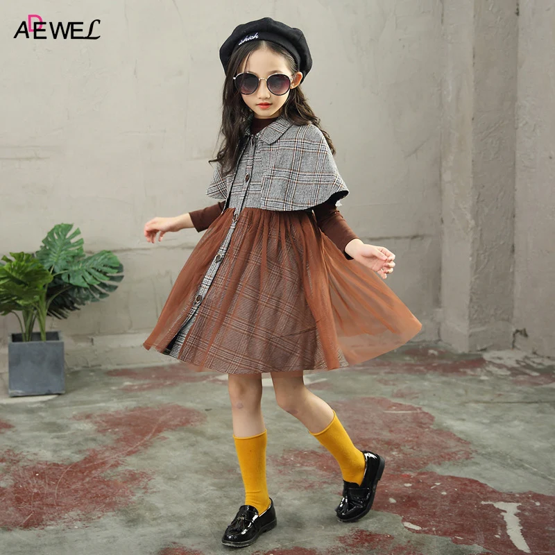 

High Quality England Style Girls Clothes New Shawl Dress + Long Sleeve Shirt 2pcs Children Princess Clothing Autumn Kids Dresses