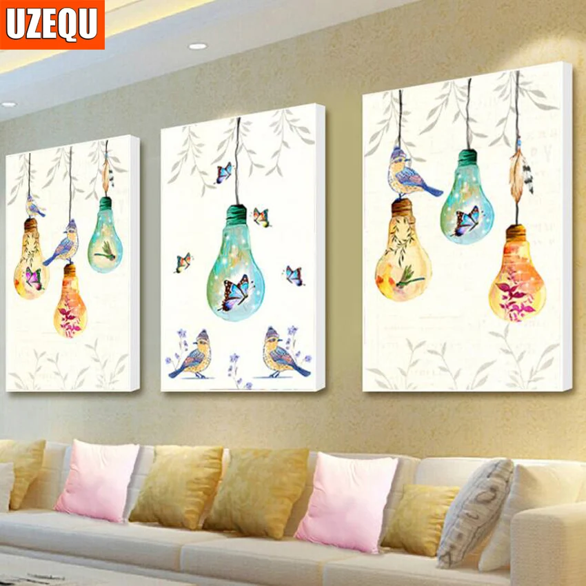 

UzeQu Triptych 5D DIY Diamond Painting Scenery Cross Stitch Lamp Bulb Abstract Diamond Embroidery Full Round Mosaic Pattern Arts