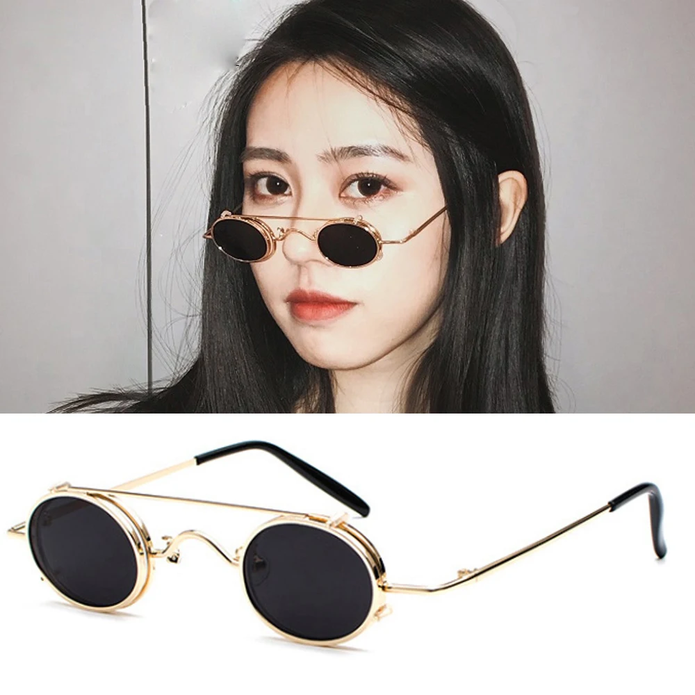 Small oval sunglasses women retro vintage 2019 metal frame silver gold black punk clip on sun glasses for men gift