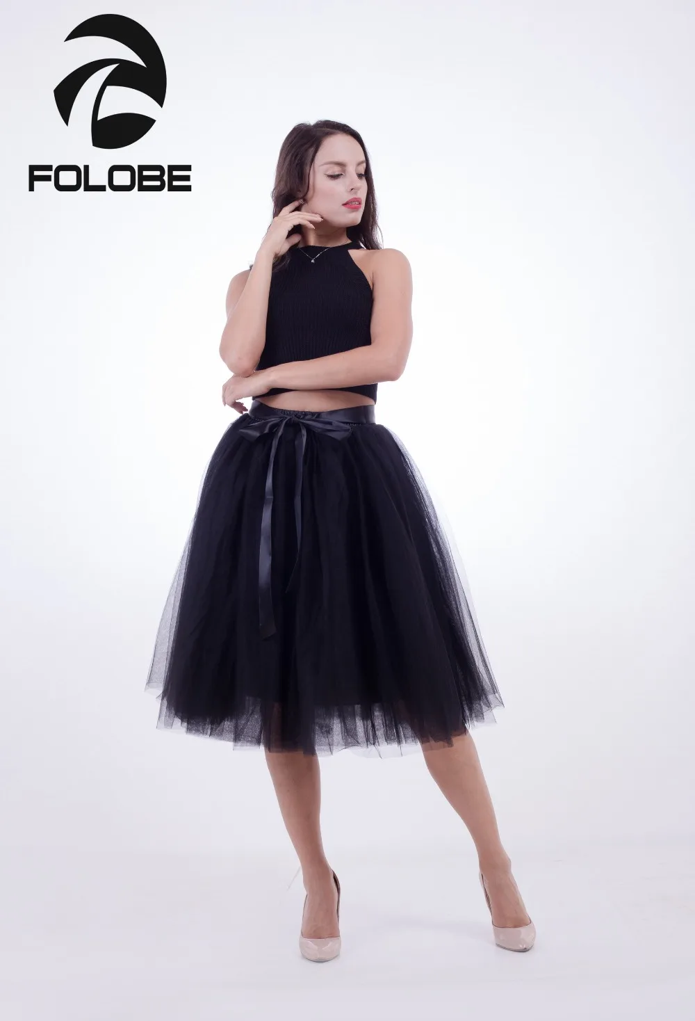 FOLOBE Black 7 слоев миди Тюлевая юбка пачка юбки женская юбка эластичный пояс faldas saia jupe