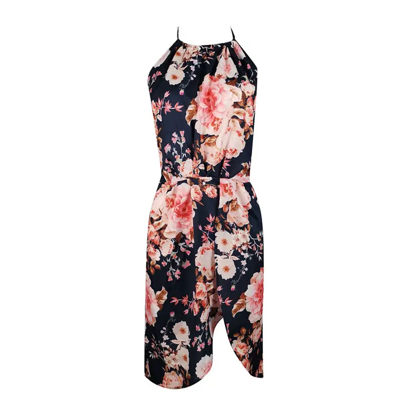 New Women Summer Sexy Sleeveless Halter Neck Floral Print Casual Mini Dress Elegant Lady Vintage Casual Party Dress #4R14 (11)