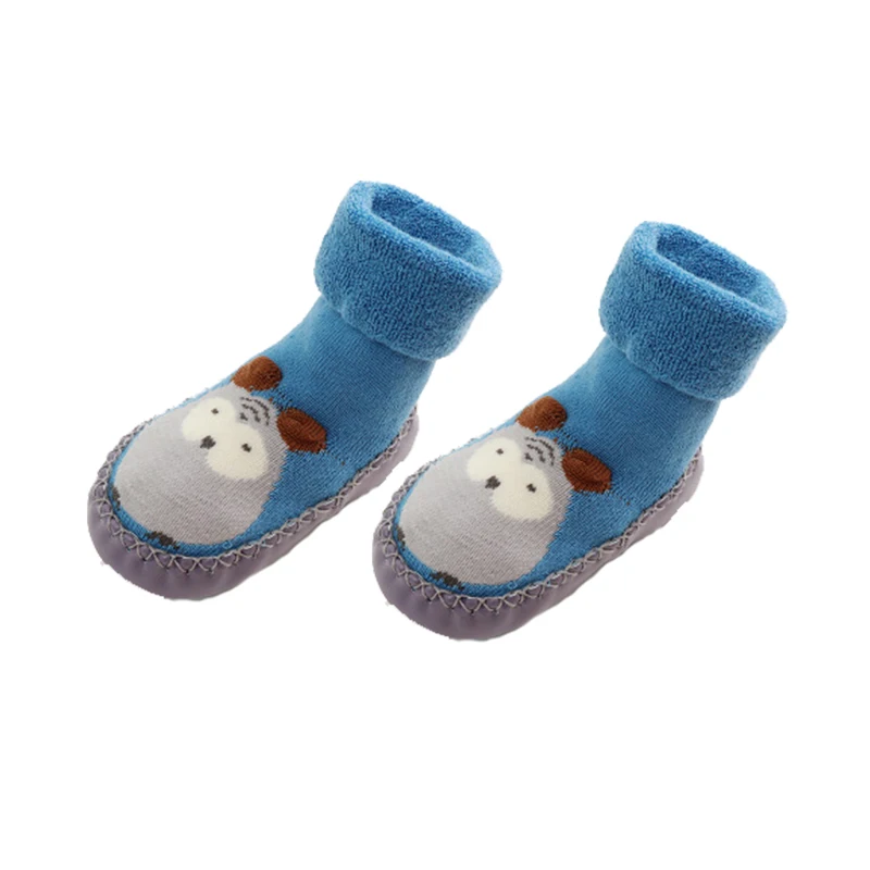 Осенне-зимние толстые хлопковые махровые носки-тапочки для малышей 0-22 месяцев Нескользящие Детские носки для малышей теплые носки с животными - Цвет: Blue