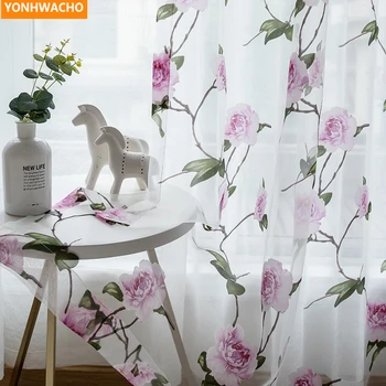 

Custom curtains American Pink pastoral painted flowers crafts small fresh gauze living room white sheer curtain tulle B315