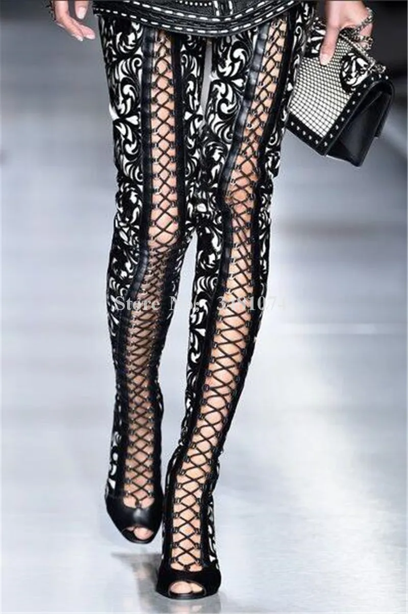 Bottes 2018 Fashion Bout Talons Récent Hauts Exposés D'été attaché Femmes Design Mince Croix Le Ultra Imprimer Plus Haute Y2HIEWD9