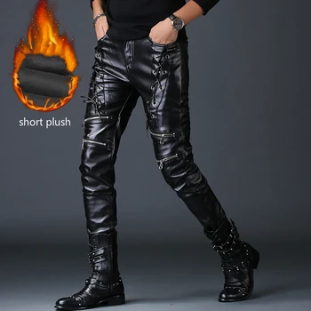 

men casual autumn winter warm faux leather pants fake zippers hip hop clothing slim fit nightclub locomotive trousers costumes