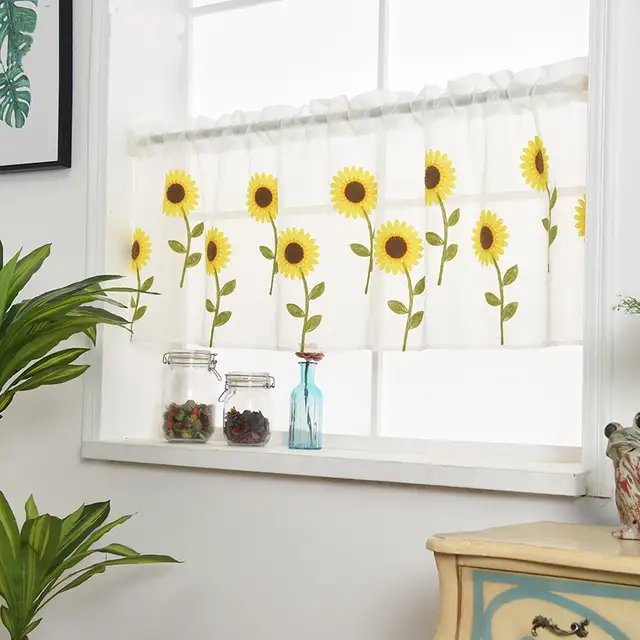 Modern Sunflower Embroidered Pelmet Voile Curtains For Kitchen Embroidered Pelmet Voile Curtains