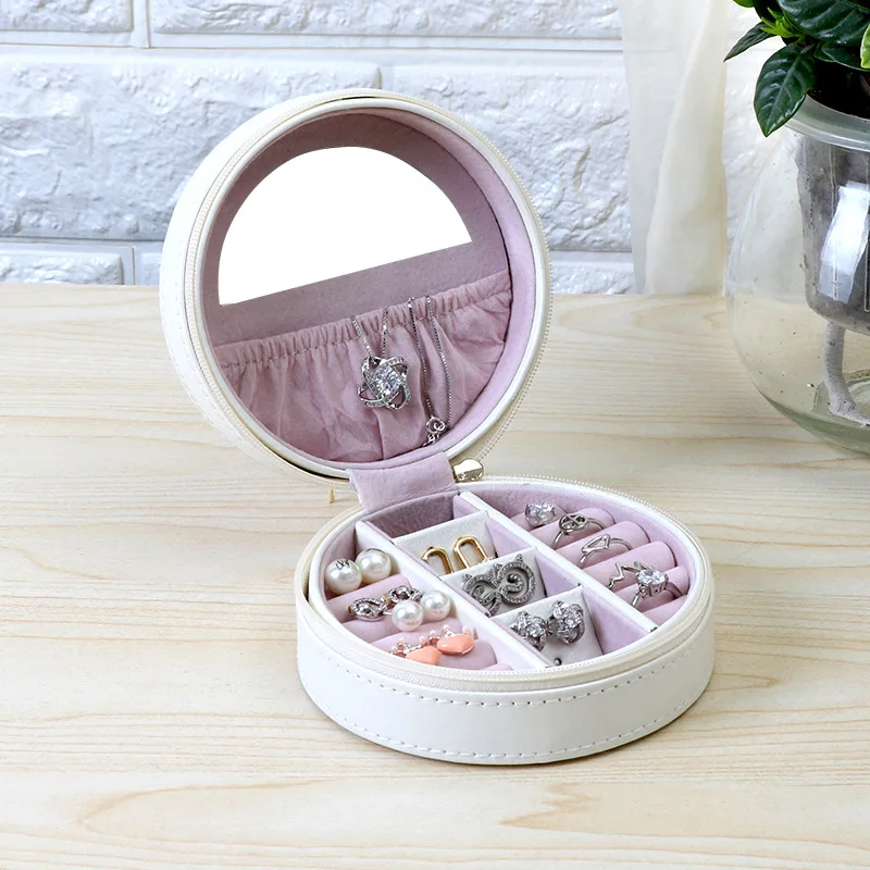 Корейская коробка для украшений с короной, органайзер для путешествий, переносное кожаное кольцо, браслет, серьги, дисплей для хранения, круглый чехол-коробка с зеркалом
