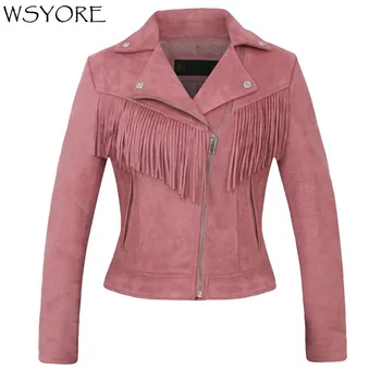 

WSYORE Suede Faux Leather Jackets Fashion 2020 New Spring and Autumn Tassel Motorcycle Coat Biker Pink Jacket NS318