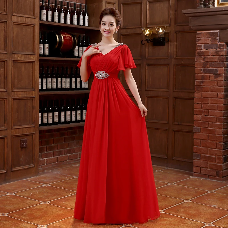 Chiffon Long Evening Dresses 2016 New Elegant V-Neck Red Bride Gown Ball Prom Party Homecoming/Graduation Princess Formal Dress