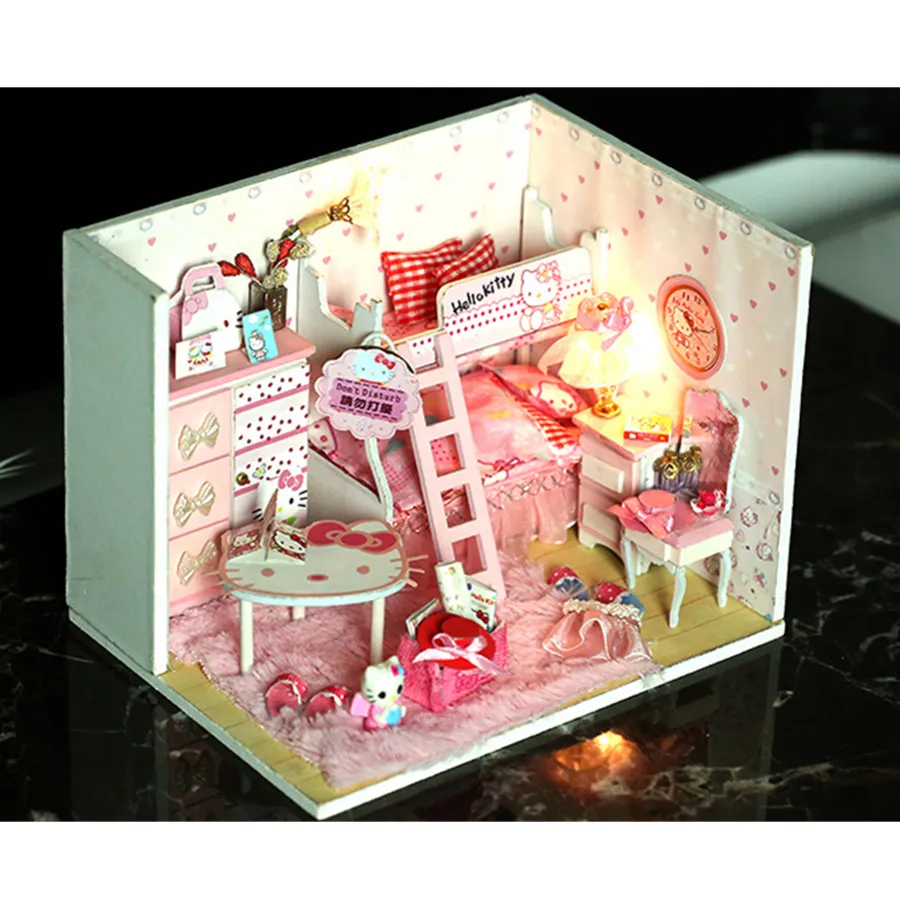 手作り3d木製ドールハウスdiy家具組み立てミニチュアハローキティハウスパズル子供ままごとのおもちゃ人形アクセサリー Doll House Diy House Diyhouse Toy Aliexpress