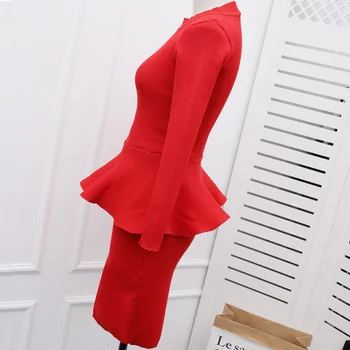 New arrived Autumn Women Fashion 2pcs Skirt Suits Ruffle Hem Slim Knitting Blouses Tops + Step SKirt Sets Women 2pcs Set