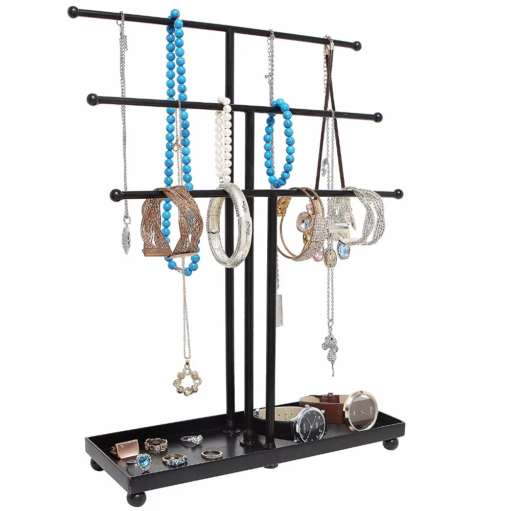 Из современного черного металла 3 уровня Настольный браслет и ожерелье ювелирные изделия Органайзер Дисплей подставка из дерева