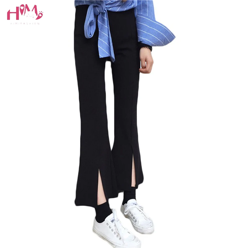 New Fashions Women Elastic Waist Pants Black Bottom Split