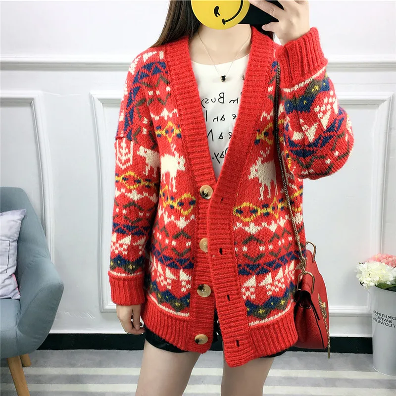 Autumn And Winter Deer Kintted Cardigans Female Oversized V Neck Long