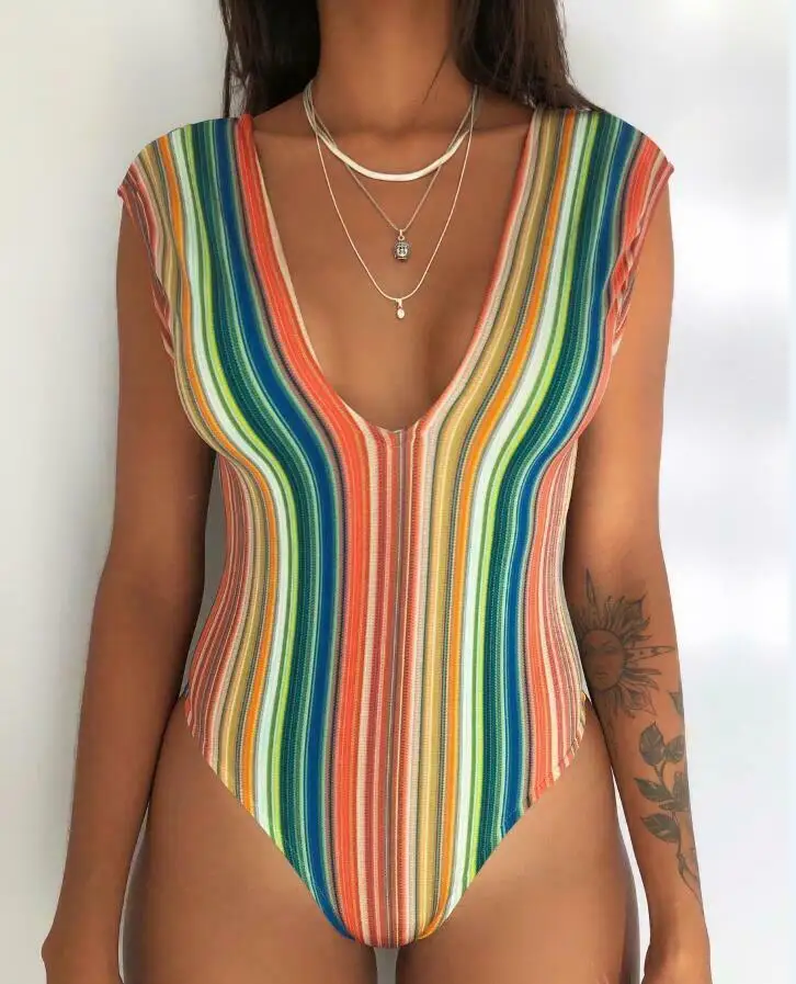 

2019 New Striped Rainbow Style Women One-Piece Swimsuits Swimwear Padded Bra Bandage Plus Size Swimsuits Beachwear Bathing Suits