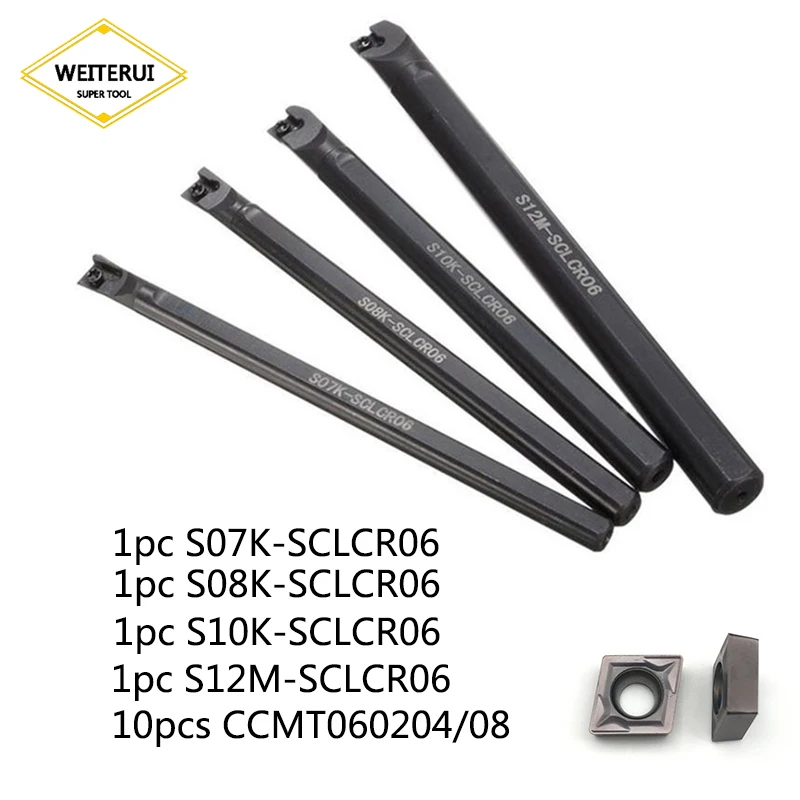

10pcs CCMT060204 VP15TF Carbide Inserts + S07K S08K S10K S12M SCLCR06 Internal Turning Tool Set Hard Alloy Lathe Cutter Holder
