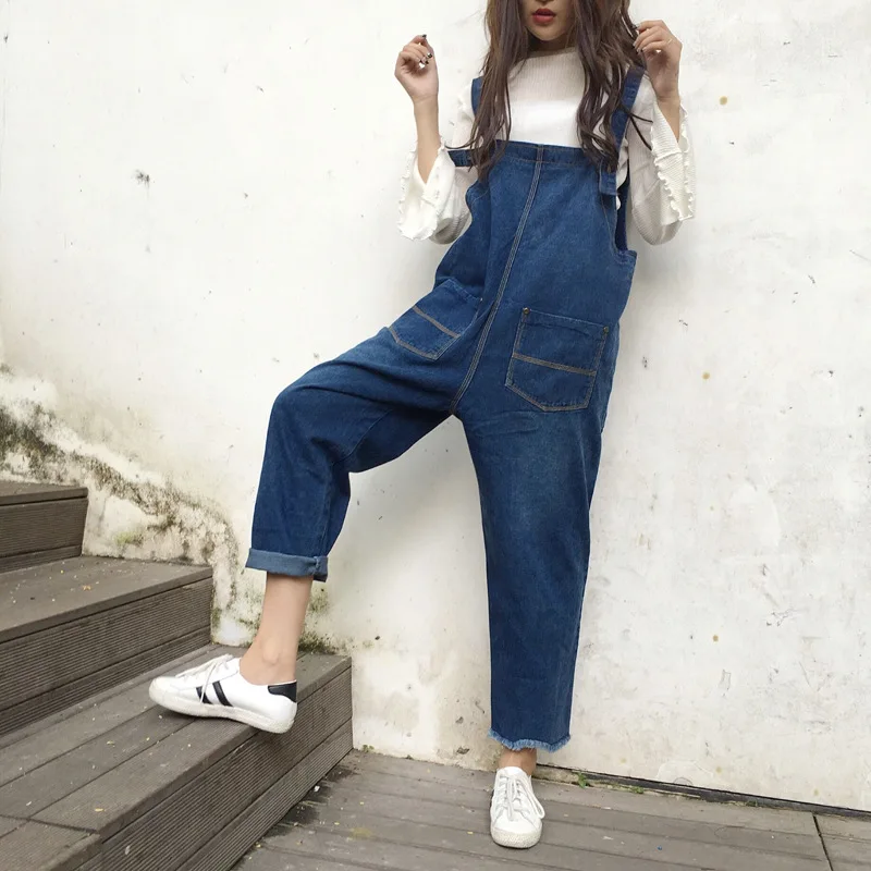SWYIVY Women Jean Ankle Length Pants Overalls 2018 Girl Casual Lose Jumpsuit Trousers Big Pocket Fashion Denim Rompers Pants
