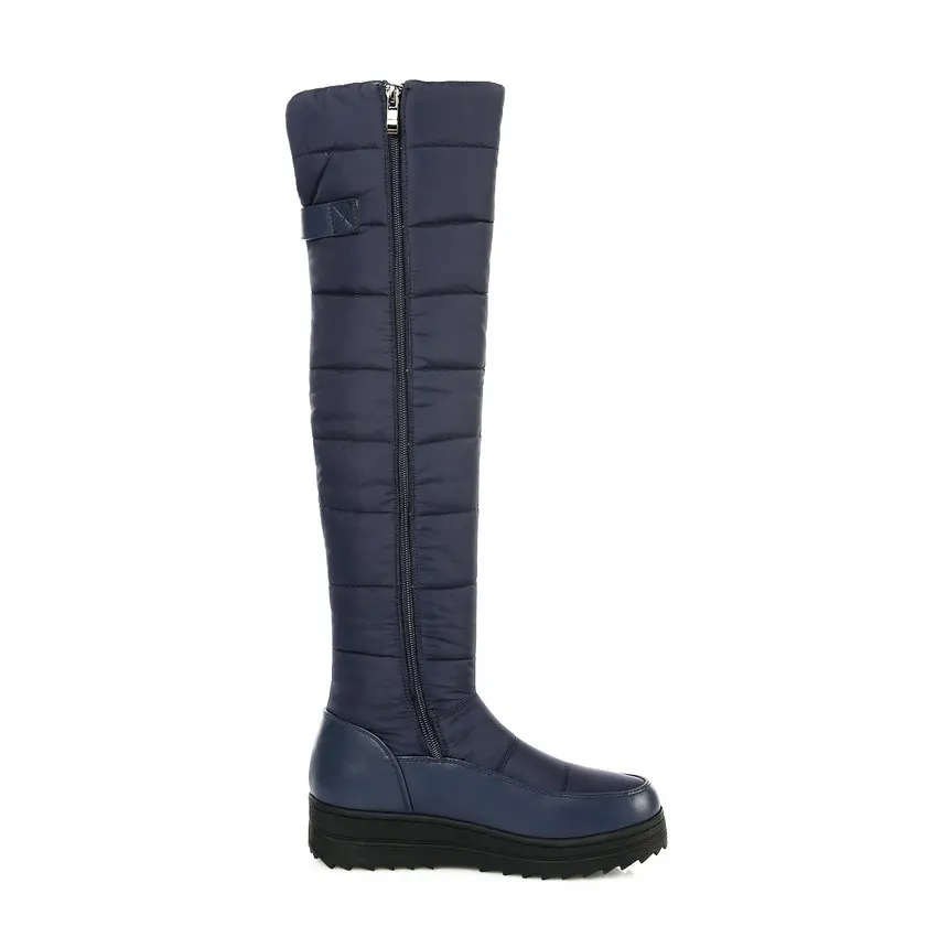 QUTAA/ г. Женские ботфорты зимняя обувь на танкетке и среднем каблуке женские зимние сапоги на молнии с круглым носком синего цвета размеры 34-43