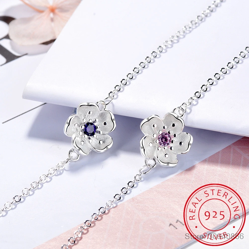 

925 Silver Female Models Flower Bracelets Clear Austria Crystal Plum Blossom Design Charm Link Chain Jewelry For Women Lady Gift