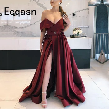 

Backless Satin Split Evening Dresses Long Party Gown Off Shoulder Vestido De Festa Sweetheart Burgundy Prom Dresses