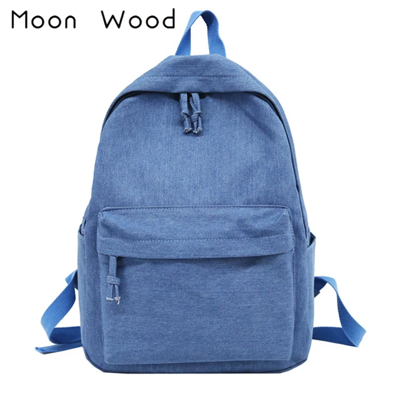 Us 15 79 21 Off Moon Wood Simple Solid Denim Blue Canvas Backpack Women Bag College Students Travel School Bags For Ager S 2019 In