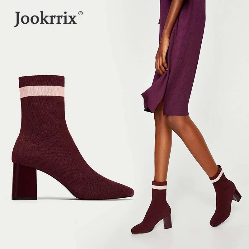 

Jookrrix Autumn New Fashion Elastic Sock Boots High Heels Knitting Shoes Women Sexy Lady Booties Pointed Toe Mid Calf Black 2018