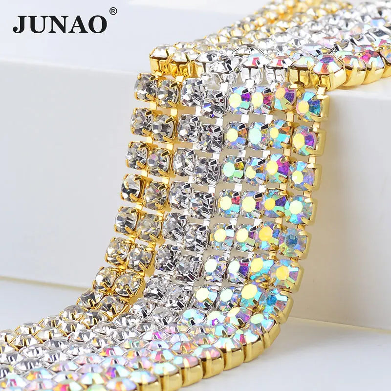 Junao 10 야드 ss 6 8 10 12 16 18 클리어 화이트 크리스탈 체인 ab 클로 라인 석 트림 유리 크리스탈 아플리케 플랫 백 스트 라스 밴드