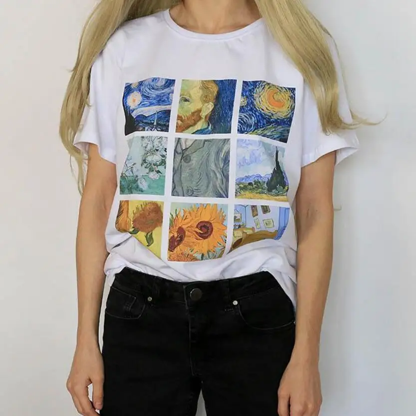 

2019 Funny Women Tshirt Tee Vogue Summer Tops Female Clothes Van Gogh Oil Print Round Neck Plus Modal Short Sleeve T shirt Women