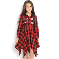 Детская блузка для девочек, платье с капюшоном в клетку с буквенным принтом, платья с длинными рукавами для девочек 11, 12, 13, 14 лет, одежда для