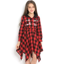 Female Children's Blouse Dress Hooded Plaid Letter Print Girl Long Sleeve Dresses 11 12 13 14 Years Teen Clothes Irregular Hem belted cuff mixed print stepped hem blouse