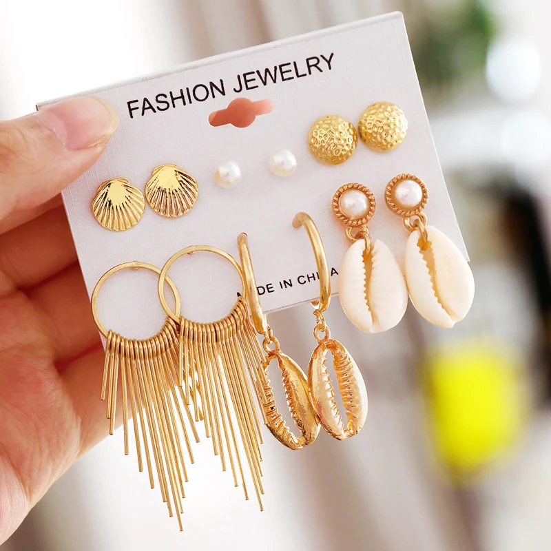 

ZOSHI Fashion Geometric Gold Stud Earrings Set For Women Shell Earrings Long Tassel Earring Handmade Female Earrings Jewelry