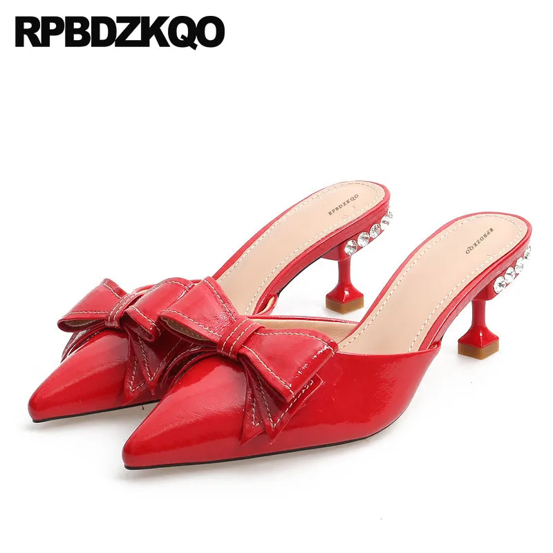 

Rhinestone High Heels Medium Scarpin Diamond Sandals Beige Red Stiletto Pumps Crystal Mules Slipper Pointed Toe Shoes Bow Women