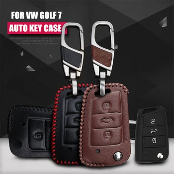 

LUNASBORE Cow Leather Car Key Pack Cover / Key Case Holder Shell Keychain Accessories For Volkswagen Golf 7 Folding Key