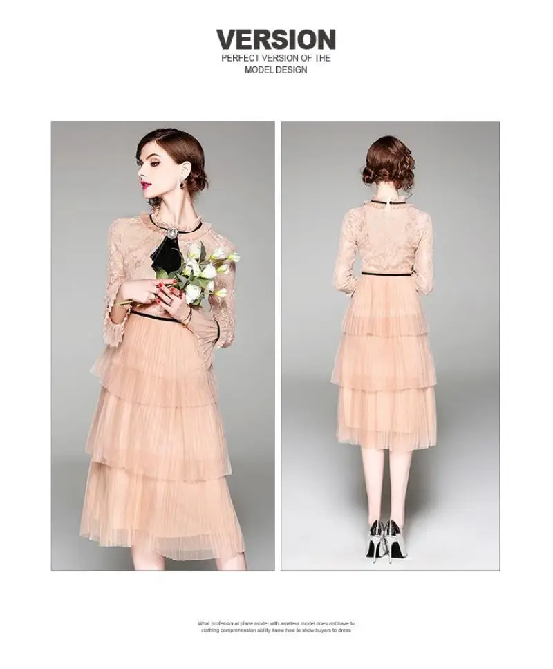 Summer Hollow Pleated Gauze Lace Dress Women Long Sleeve Princess Dress Moda Mujer 2018 Midi Party Dress Strand Jurkjes