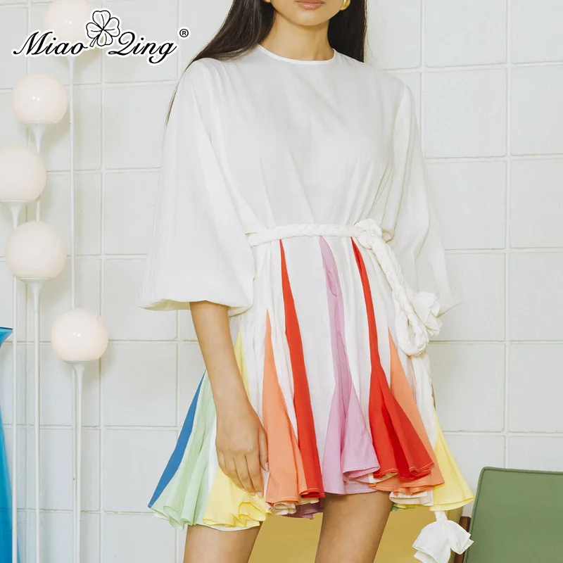 

MIAOQINGbandage patchwork mini dress for women O collar long sleeves high waist color contrast dress for women2019casual fashion