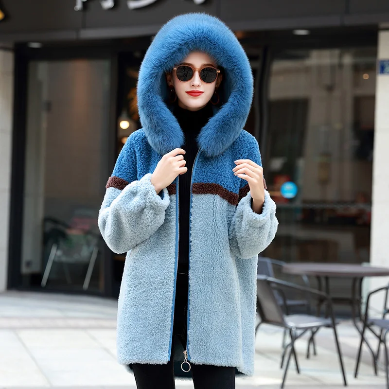 AYUNSUE Real Sheep Shearling Fur Coat Female Fox Fur Collar Real Woo Coats Winter Jacket Women Suede Lining Korean Outwear MY