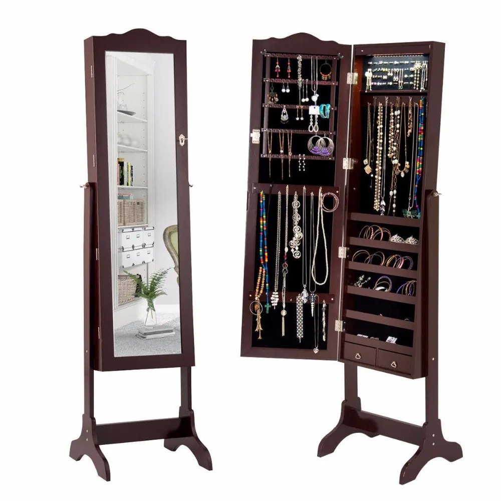 Giantex зеркальный шкафчик для украшений Armoire органайзер для хранения w/ящик и светодиодные фонари коричневая мебель для дома HW58852