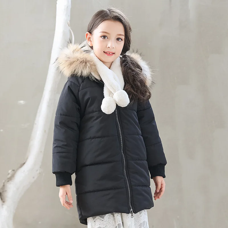 

black fur hooded long thick jackets for girls fleece cotton warm coats kids clothing children winter padded coat kids